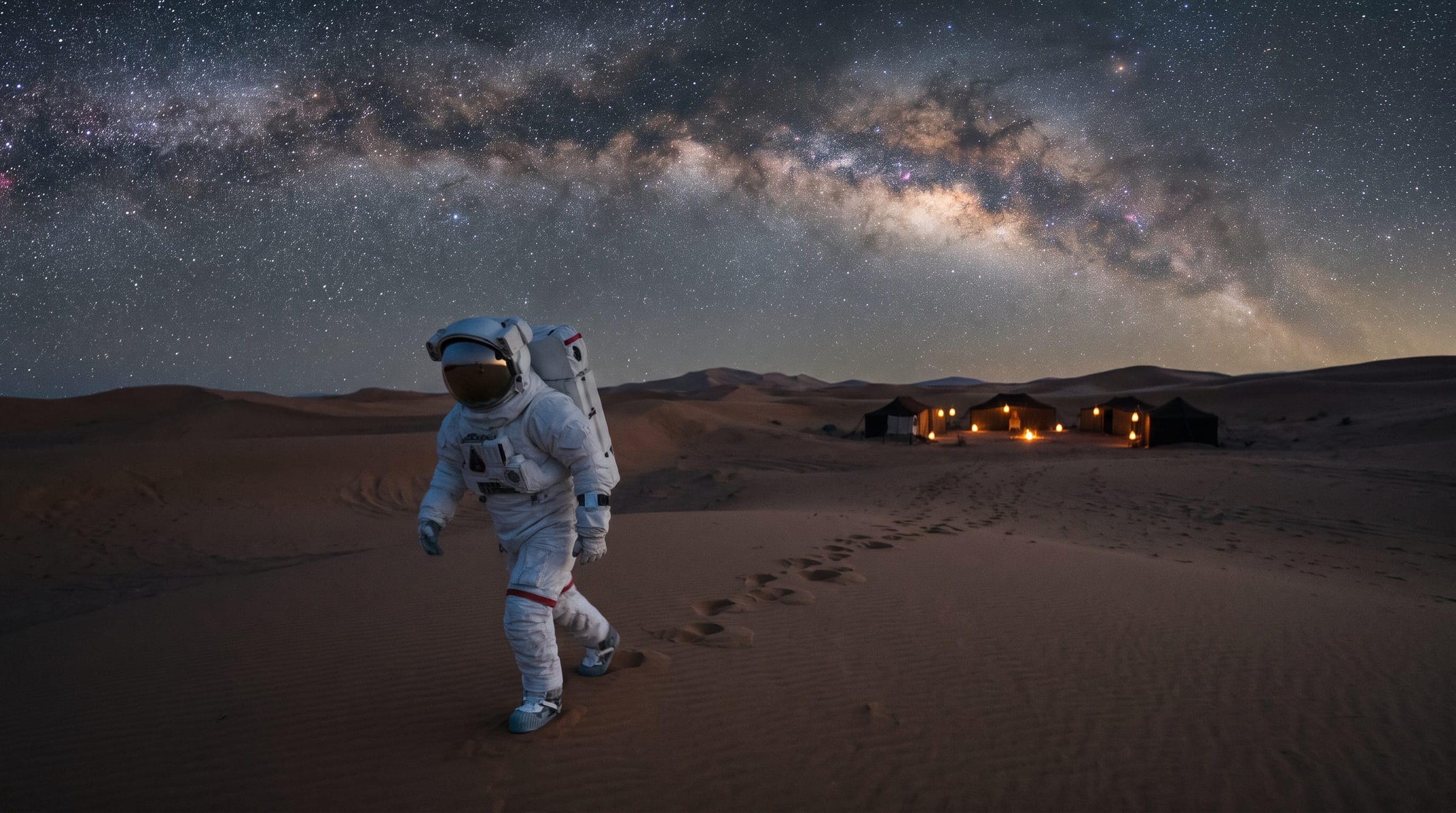 An astronaut walking under the Milky Way in the Sahara